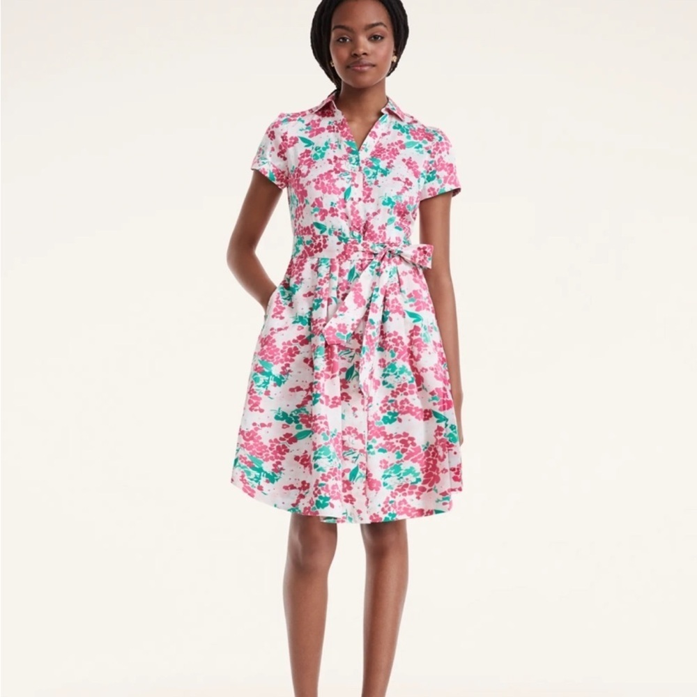 Brooks Brothers Shirt Dress Short Sleeve Cotton Pink Floral Pockets Sz 12 NEW